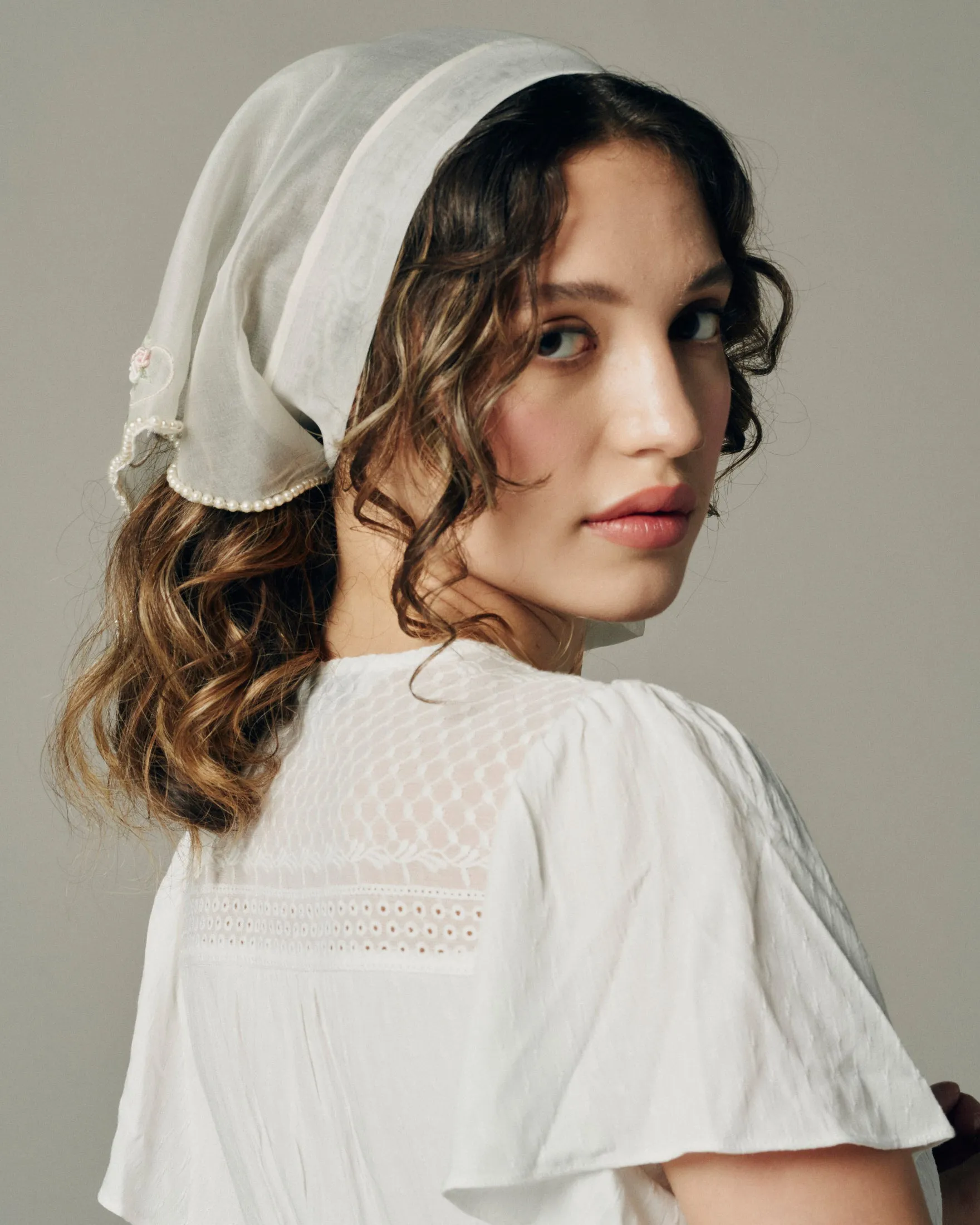 ANGEL EMBROIDERED SILK PEARL HAIR SCARF