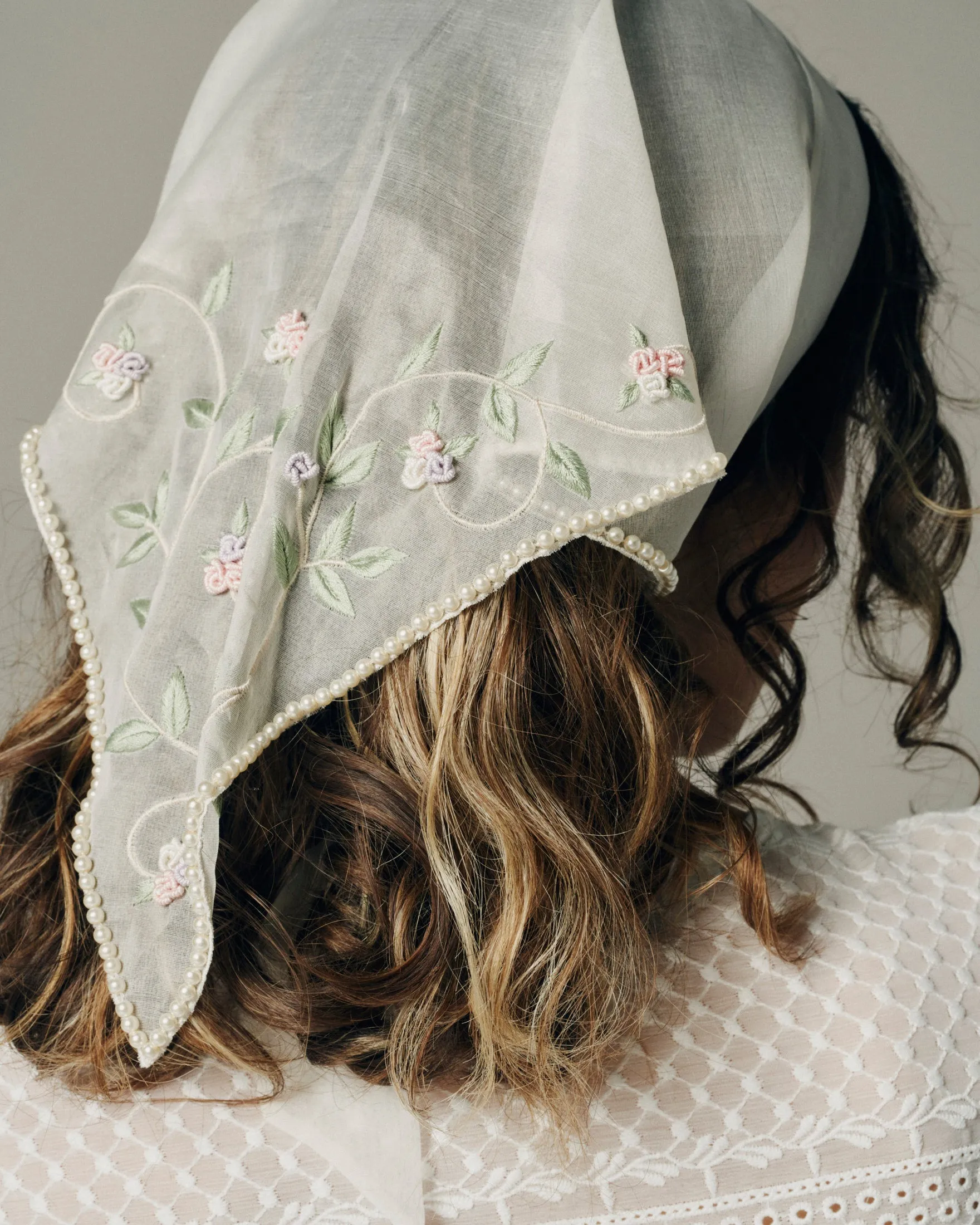 ANGEL EMBROIDERED SILK PEARL HAIR SCARF