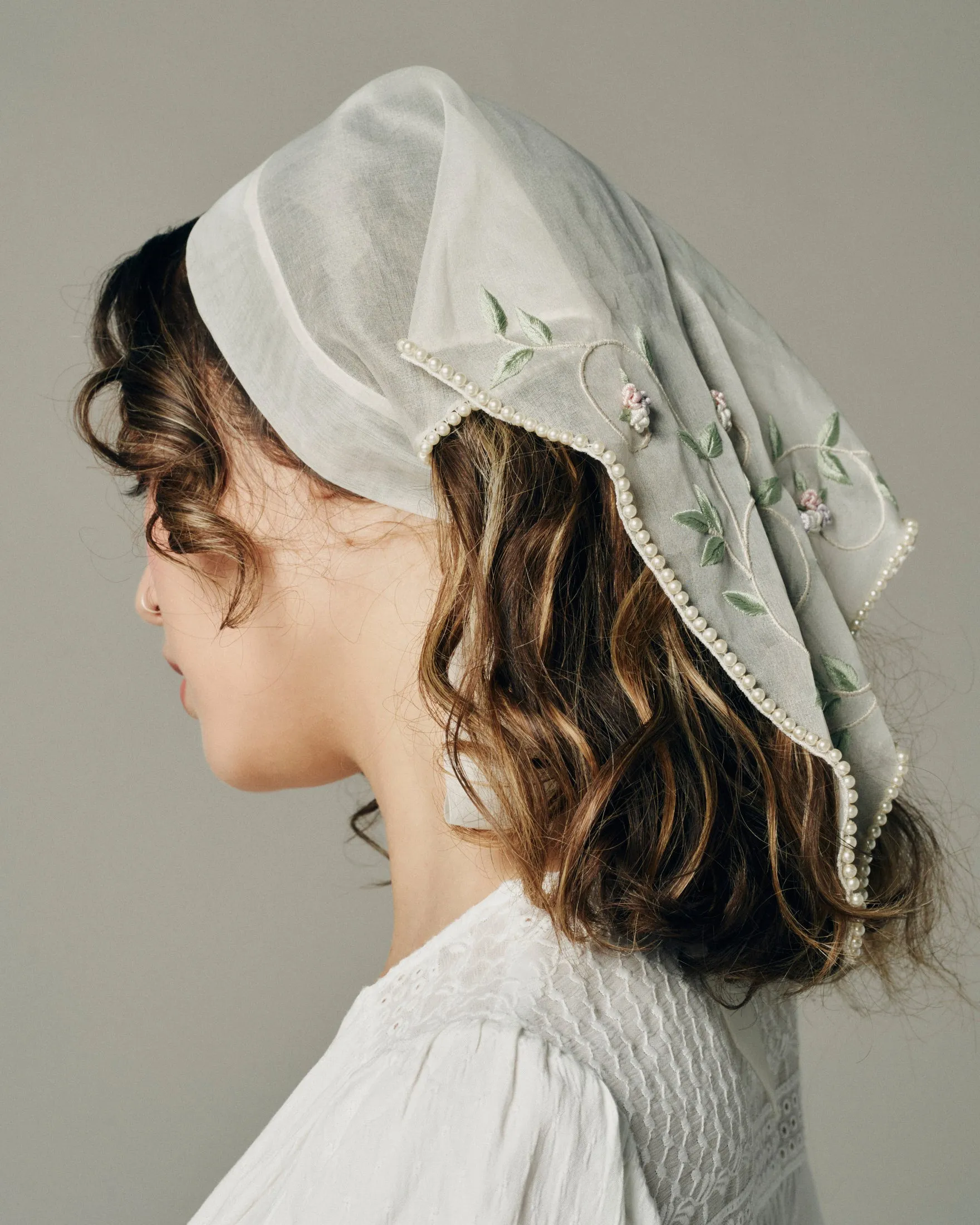 ANGEL EMBROIDERED SILK PEARL HAIR SCARF