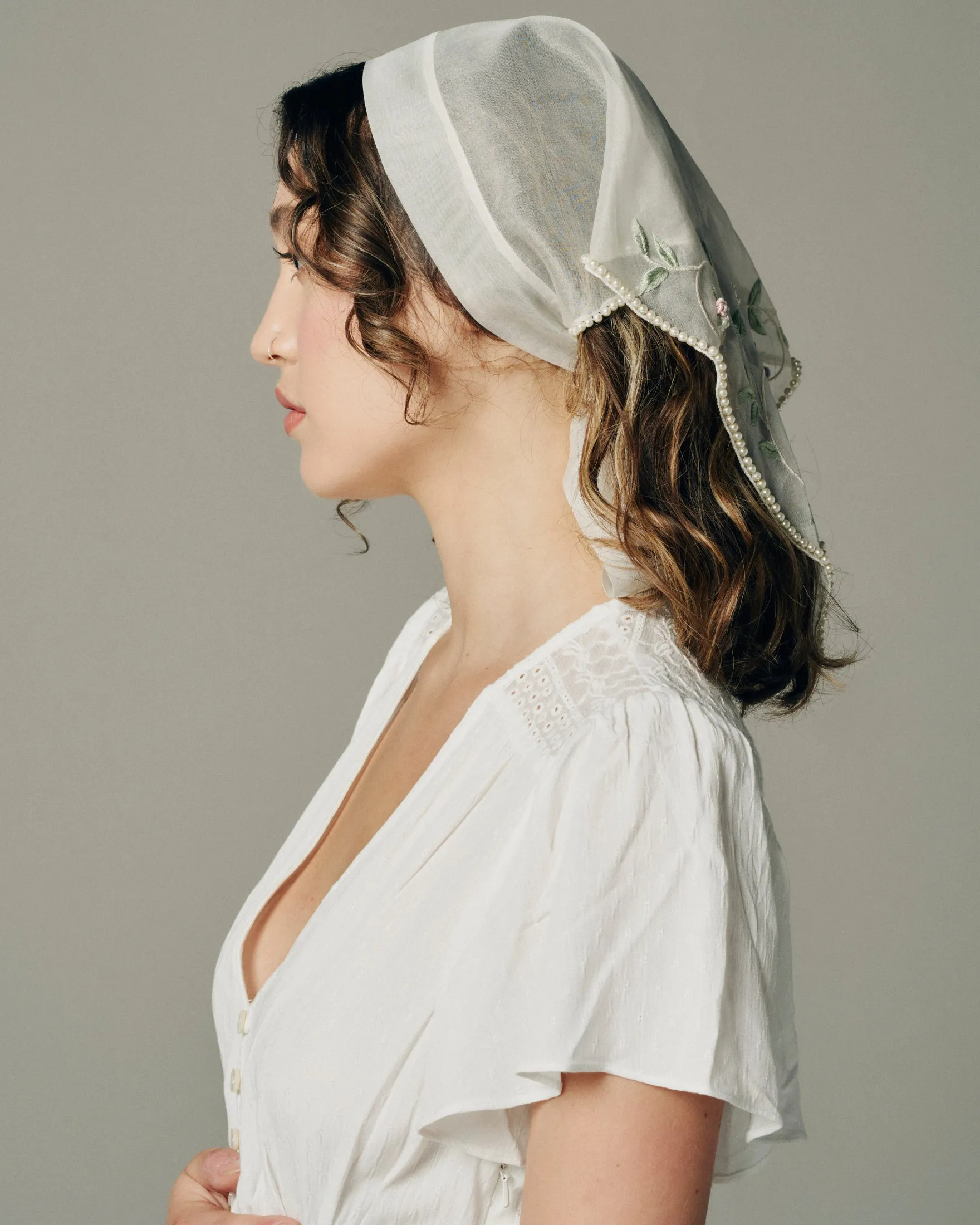 ANGEL EMBROIDERED SILK PEARL HAIR SCARF