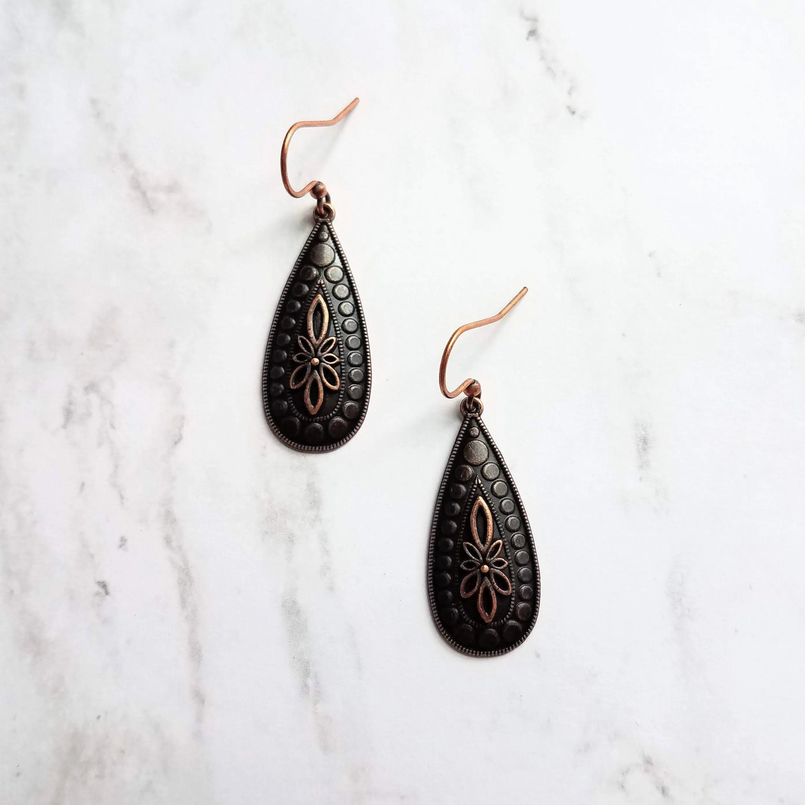 Antique Copper Earrings, large teardrop earrings, long drop earring, raised design, floral teardrop earrings, oxidized copper, rust brown