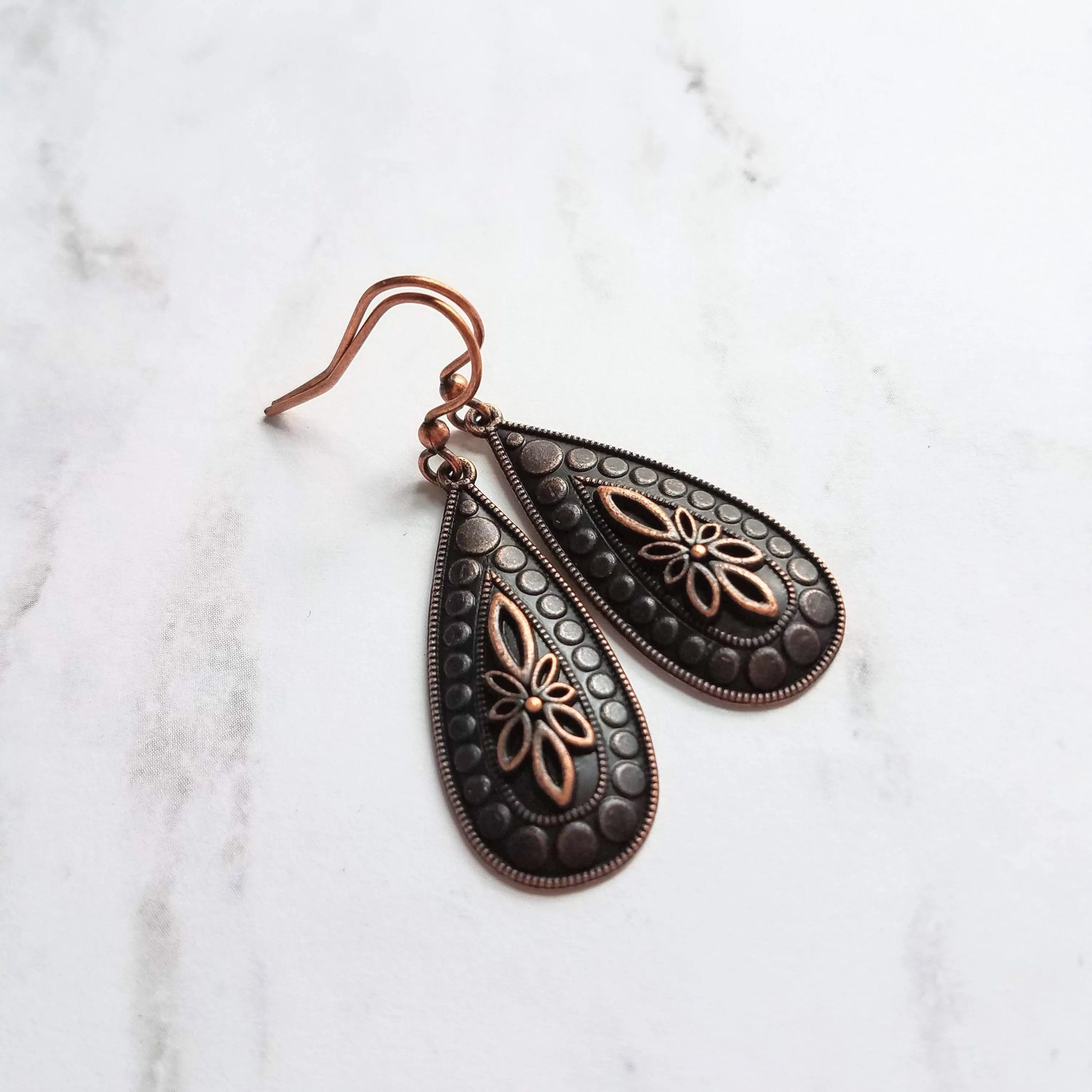 Antique Copper Earrings, large teardrop earrings, long drop earring, raised design, floral teardrop earrings, oxidized copper, rust brown