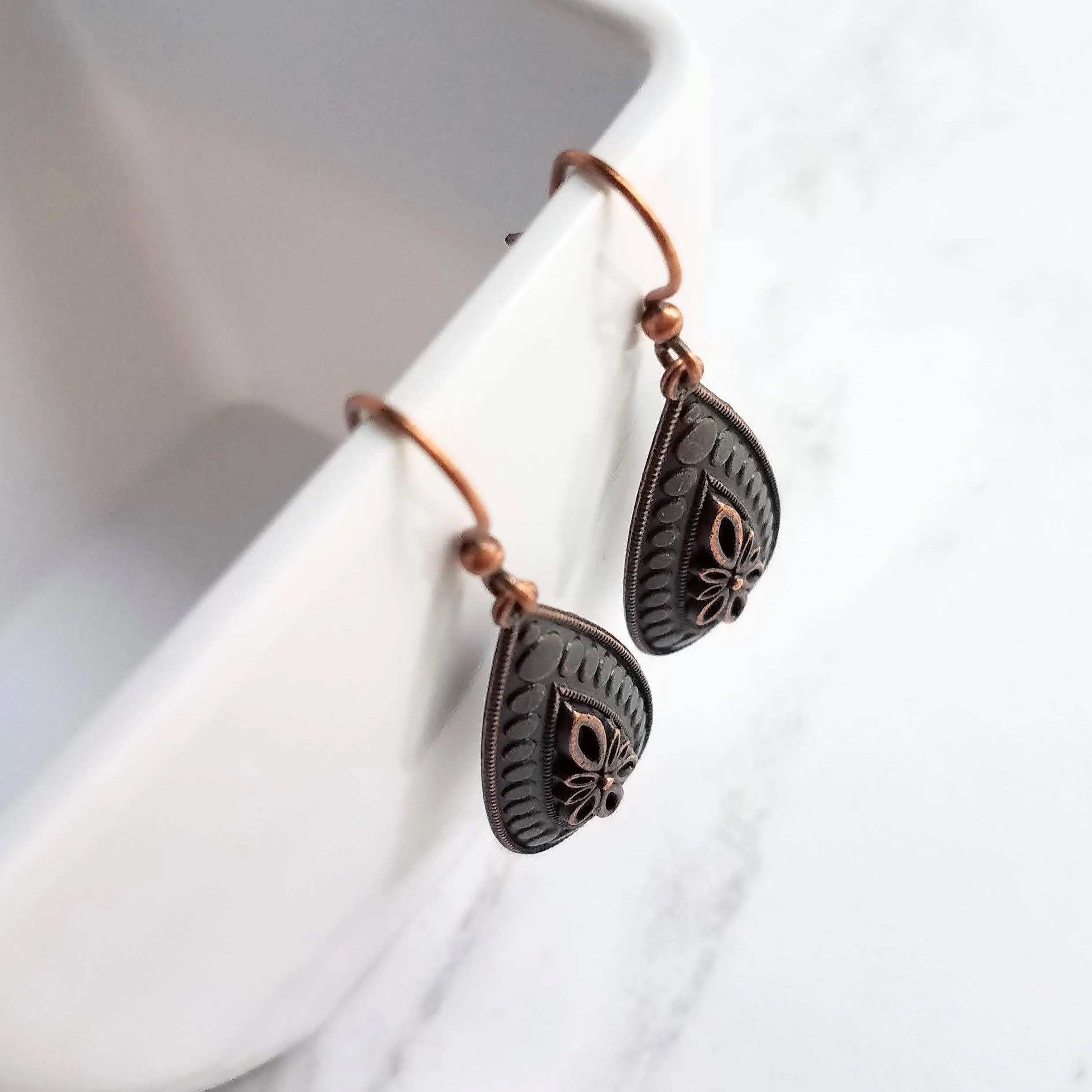 Antique Copper Earrings, large teardrop earrings, long drop earring, raised design, floral teardrop earrings, oxidized copper, rust brown