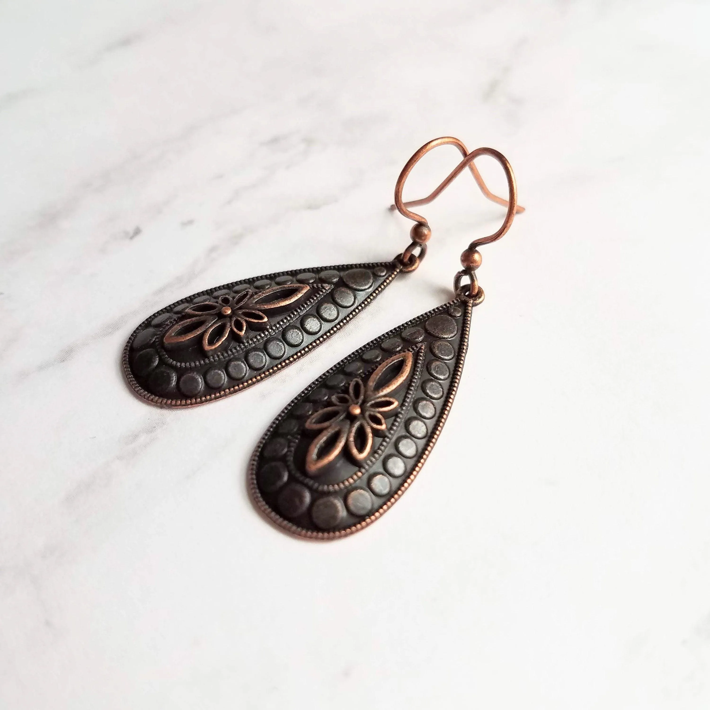 Antique Copper Earrings, large teardrop earrings, long drop earring, raised design, floral teardrop earrings, oxidized copper, rust brown