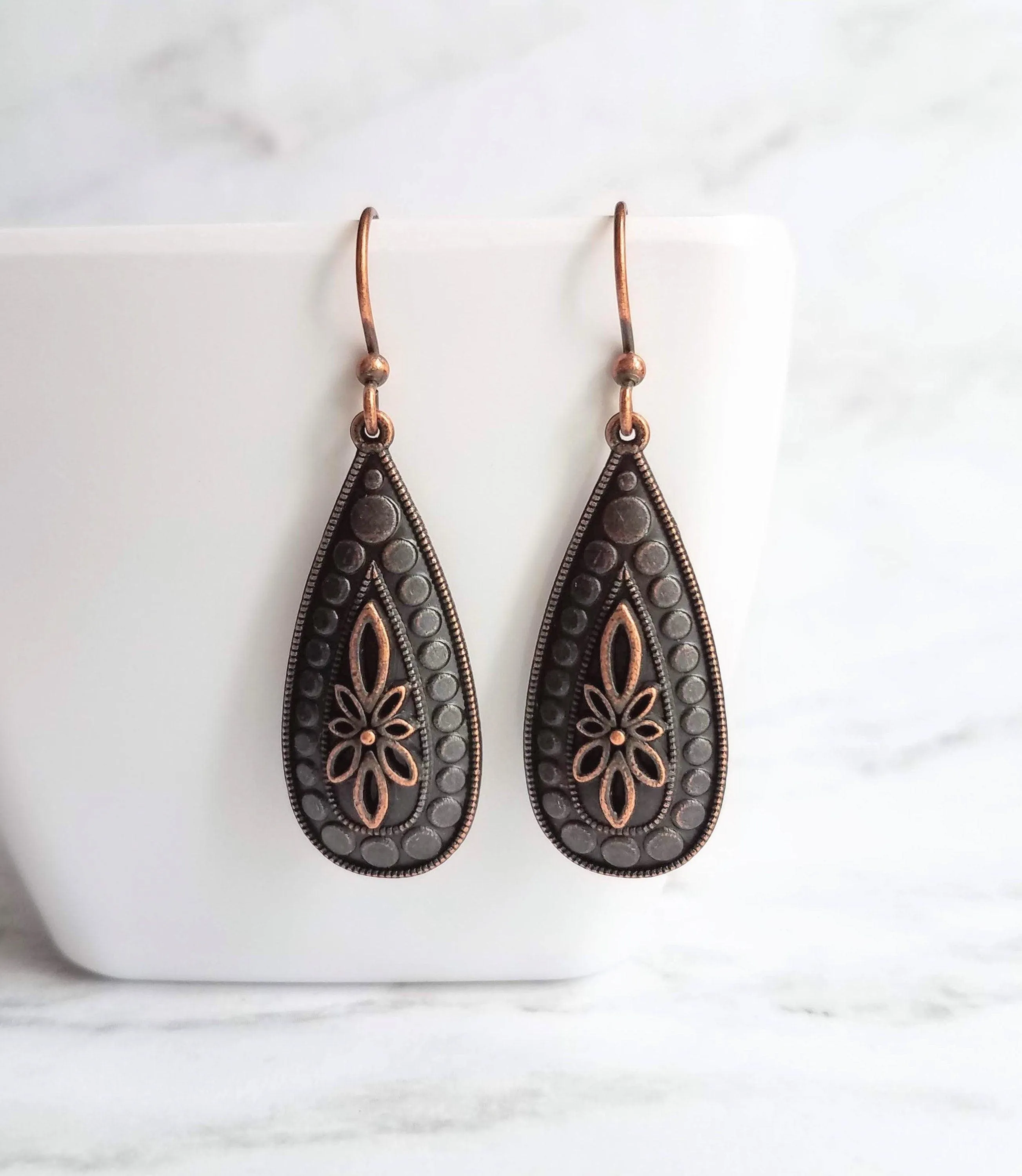 Antique Copper Earrings, large teardrop earrings, long drop earring, raised design, floral teardrop earrings, oxidized copper, rust brown