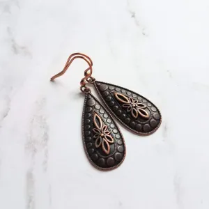 Antique Copper Earrings, large teardrop earrings, long drop earring, raised design, floral teardrop earrings, oxidized copper, rust brown