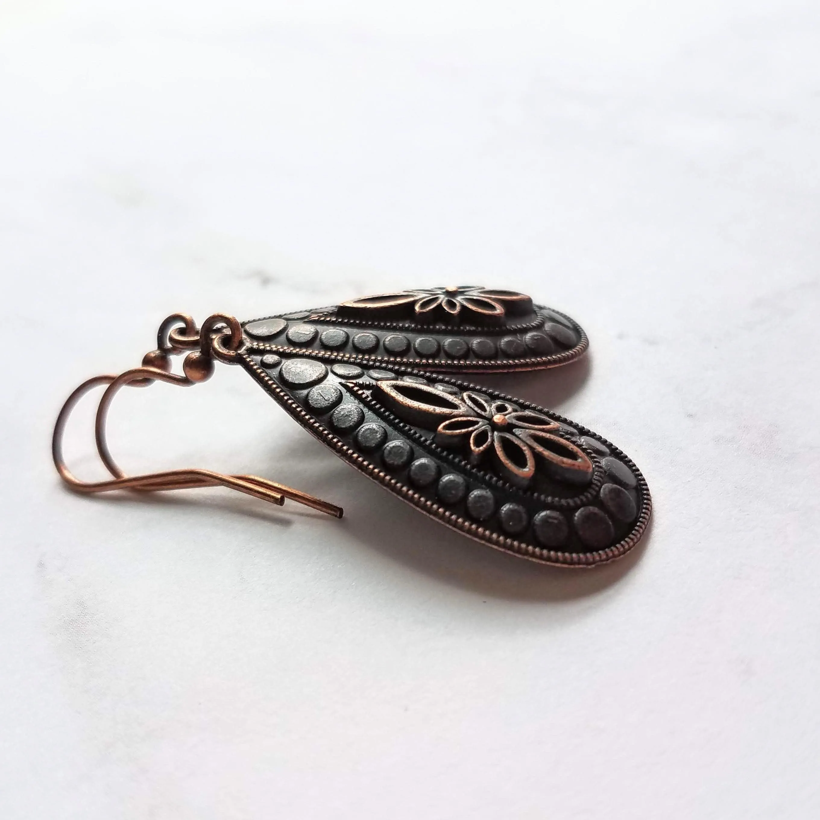 Antique Copper Earrings, large teardrop earrings, long drop earring, raised design, floral teardrop earrings, oxidized copper, rust brown
