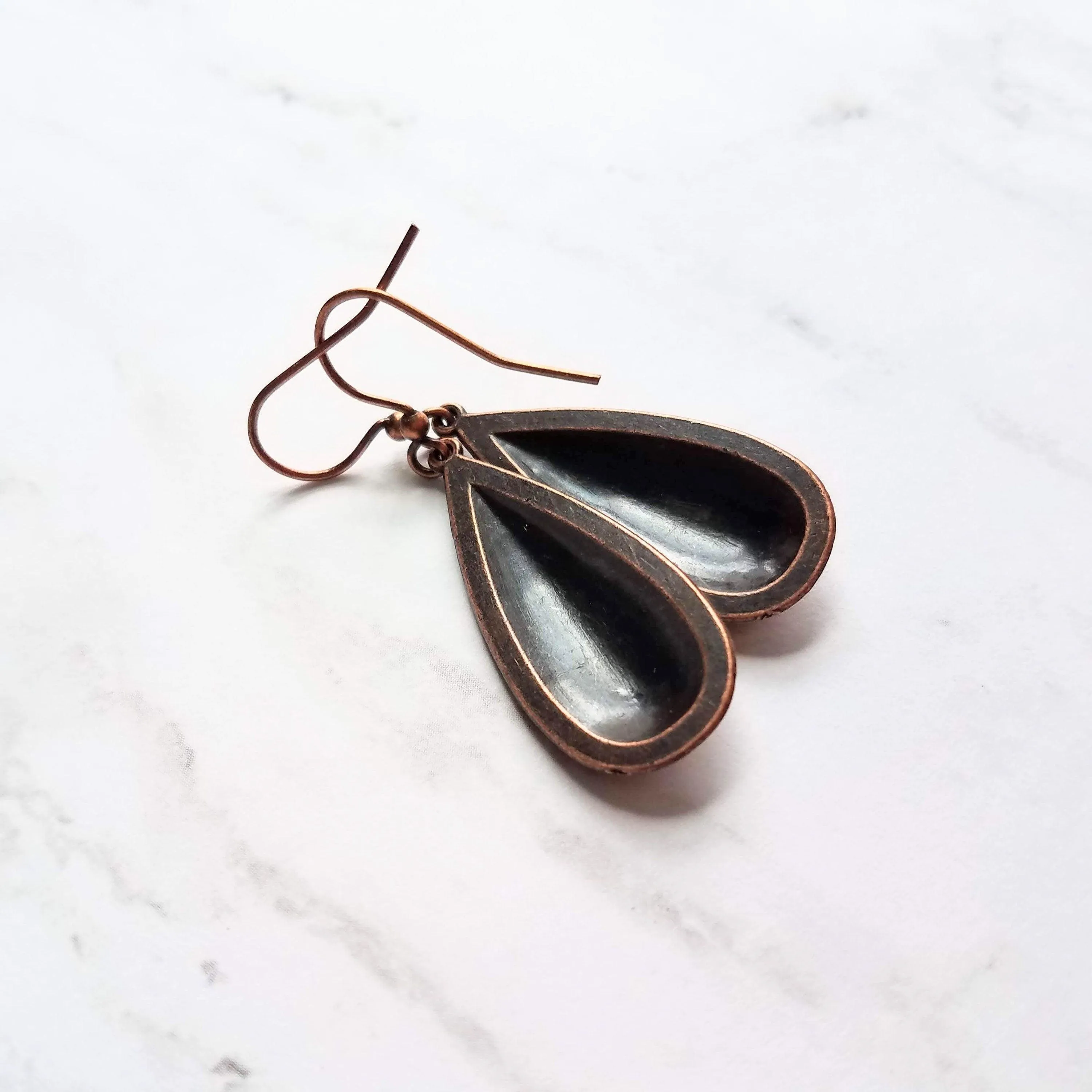 Antique Copper Earrings, large teardrop earrings, long drop earring, raised design, floral teardrop earrings, oxidized copper, rust brown