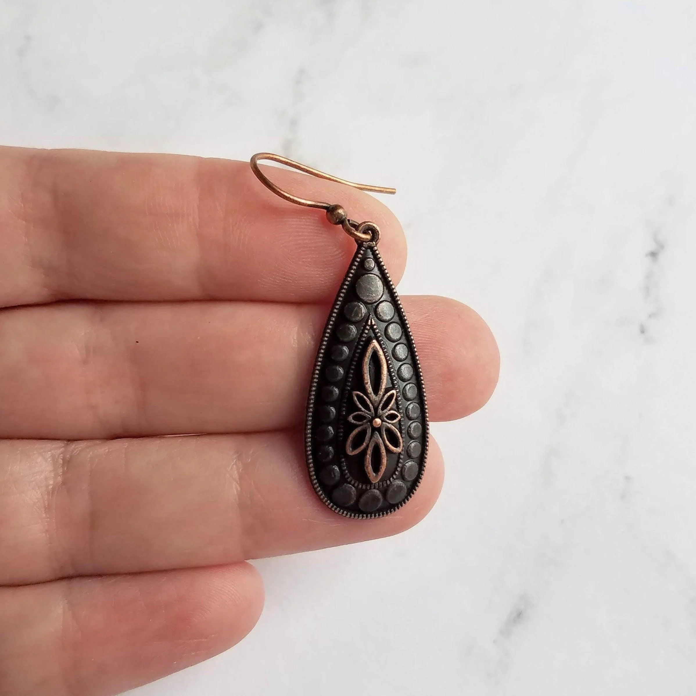 Antique Copper Earrings, large teardrop earrings, long drop earring, raised design, floral teardrop earrings, oxidized copper, rust brown