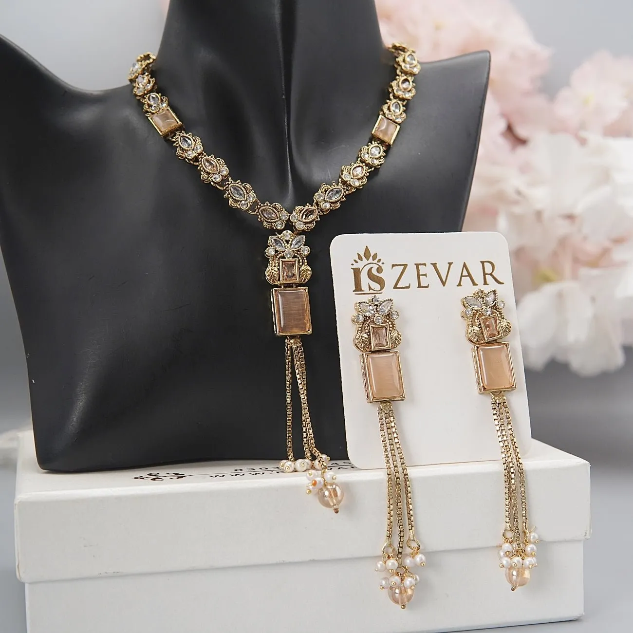 Antique Gold Latkans Long Necklace With Earrings