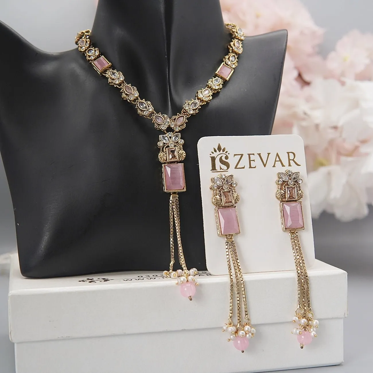 Antique Gold Latkans Long Necklace With Earrings