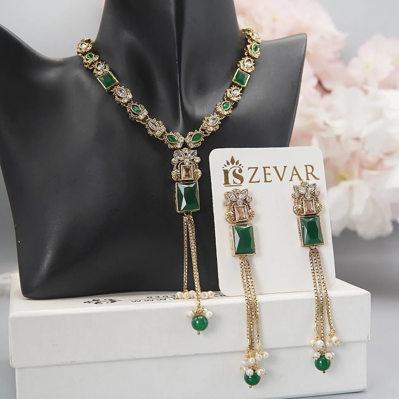 Antique Gold Latkans Long Necklace With Earrings