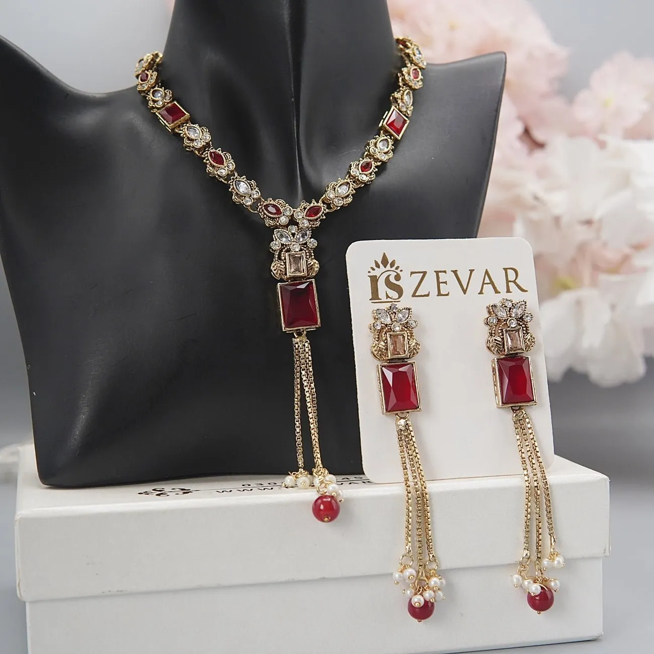 Antique Gold Latkans Long Necklace With Earrings