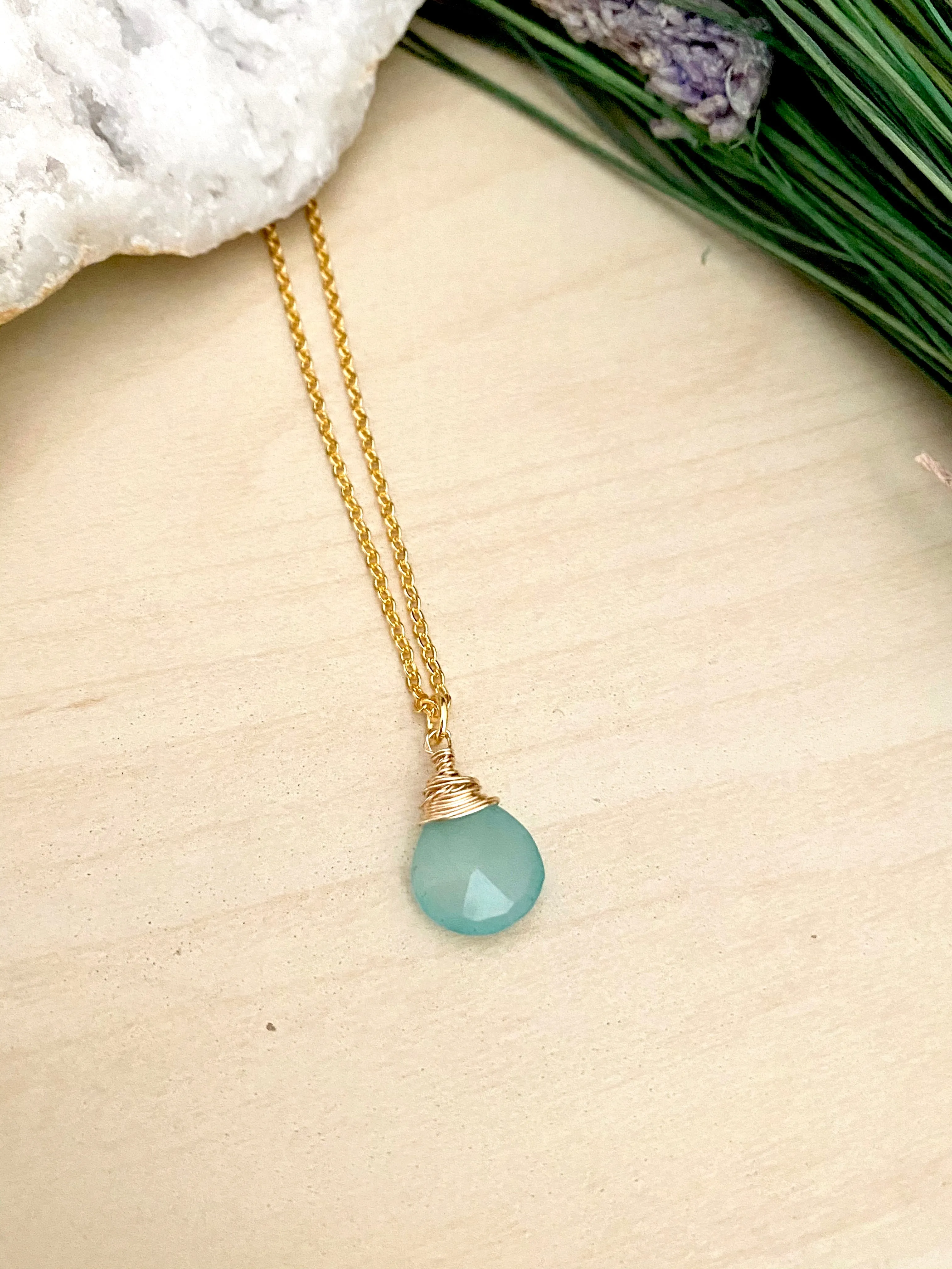 Aqua Blue Chalcedony Gemstone Drop Necklace