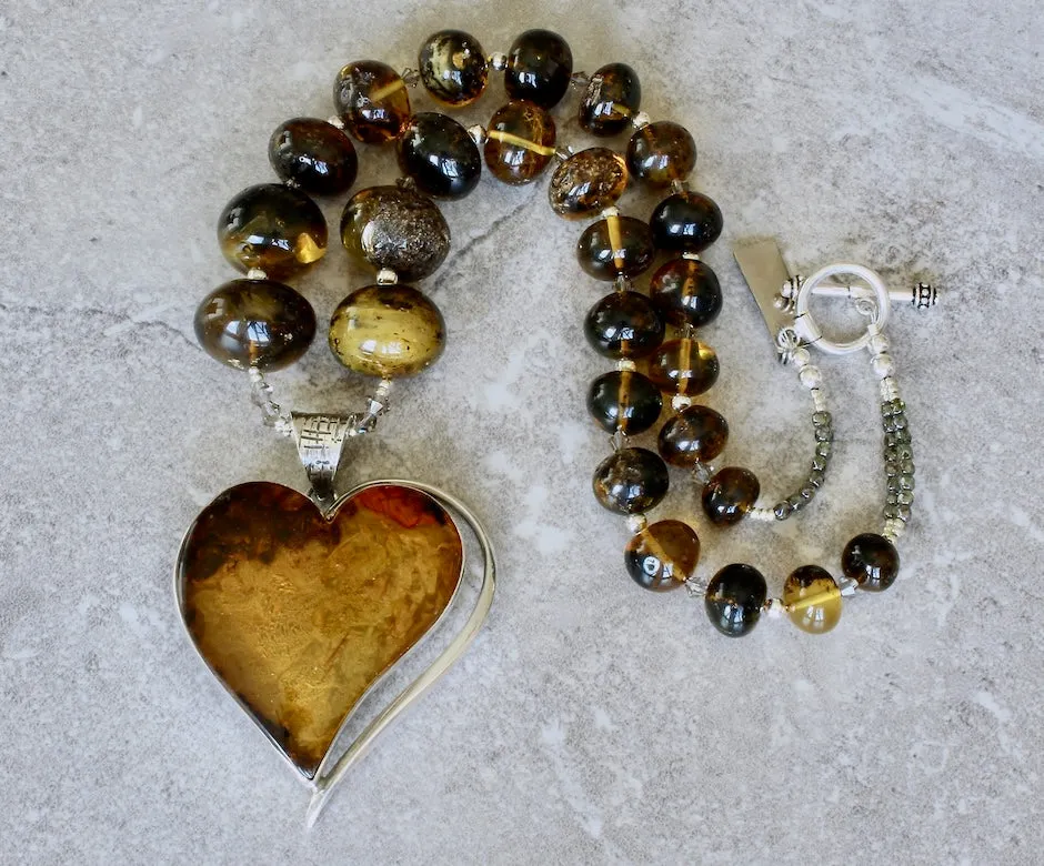 Baltic Amber and Sterling Silver Heart Pendant with Graduated Amber Rondelles and a Sterling Silver Toggle Clasp