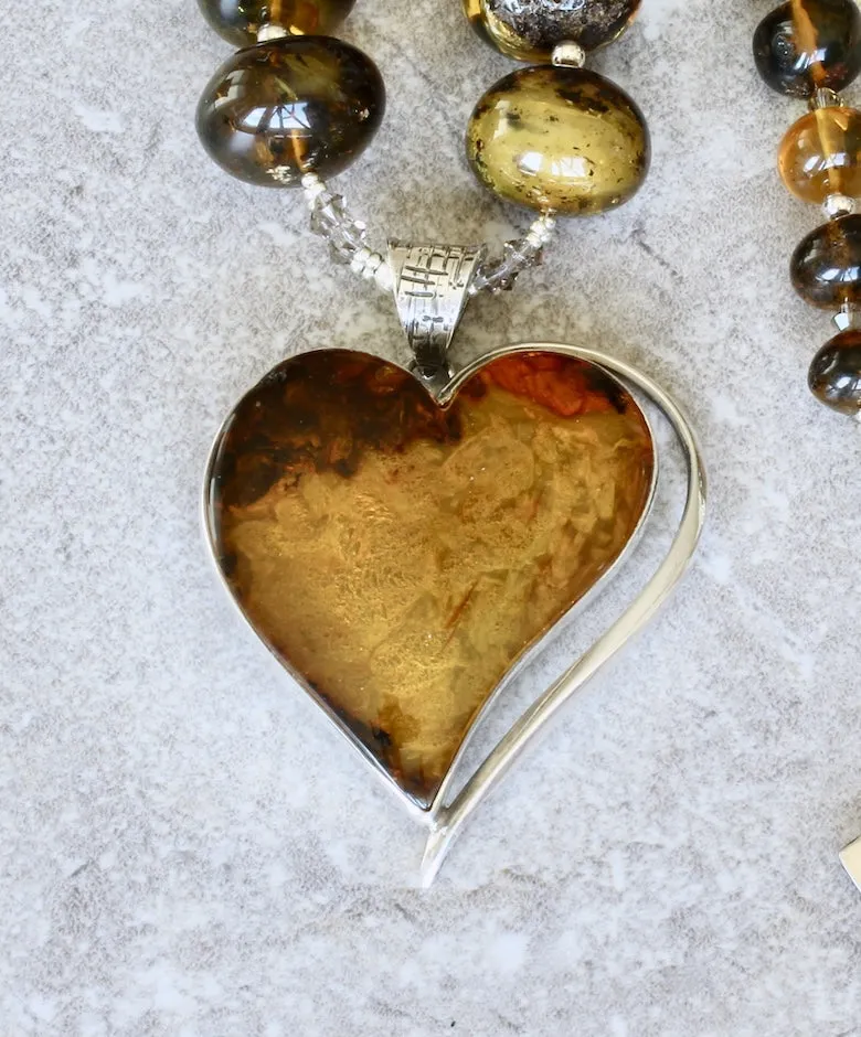 Baltic Amber and Sterling Silver Heart Pendant with Graduated Amber Rondelles and a Sterling Silver Toggle Clasp
