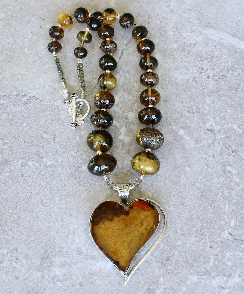Baltic Amber and Sterling Silver Heart Pendant with Graduated Amber Rondelles and a Sterling Silver Toggle Clasp