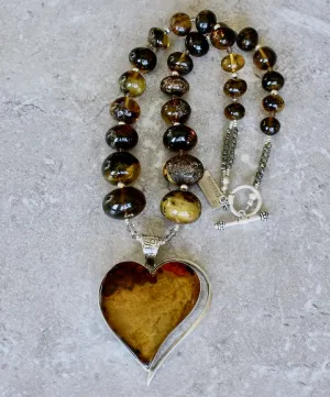 Baltic Amber and Sterling Silver Heart Pendant with Graduated Amber Rondelles and a Sterling Silver Toggle Clasp