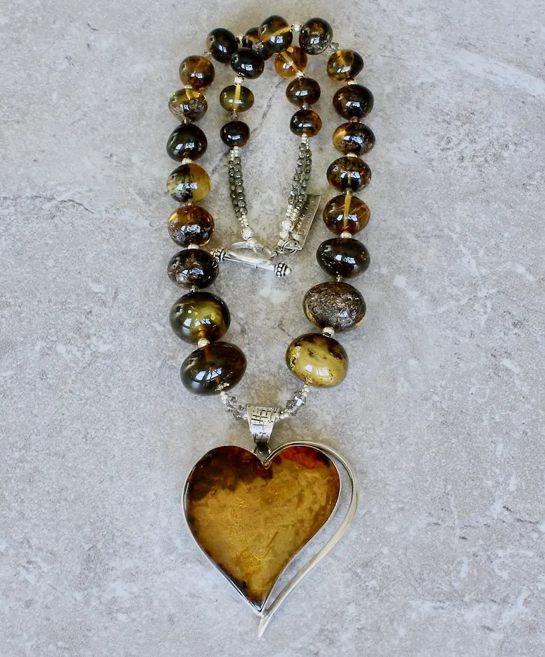 Baltic Amber and Sterling Silver Heart Pendant with Graduated Amber Rondelles and a Sterling Silver Toggle Clasp