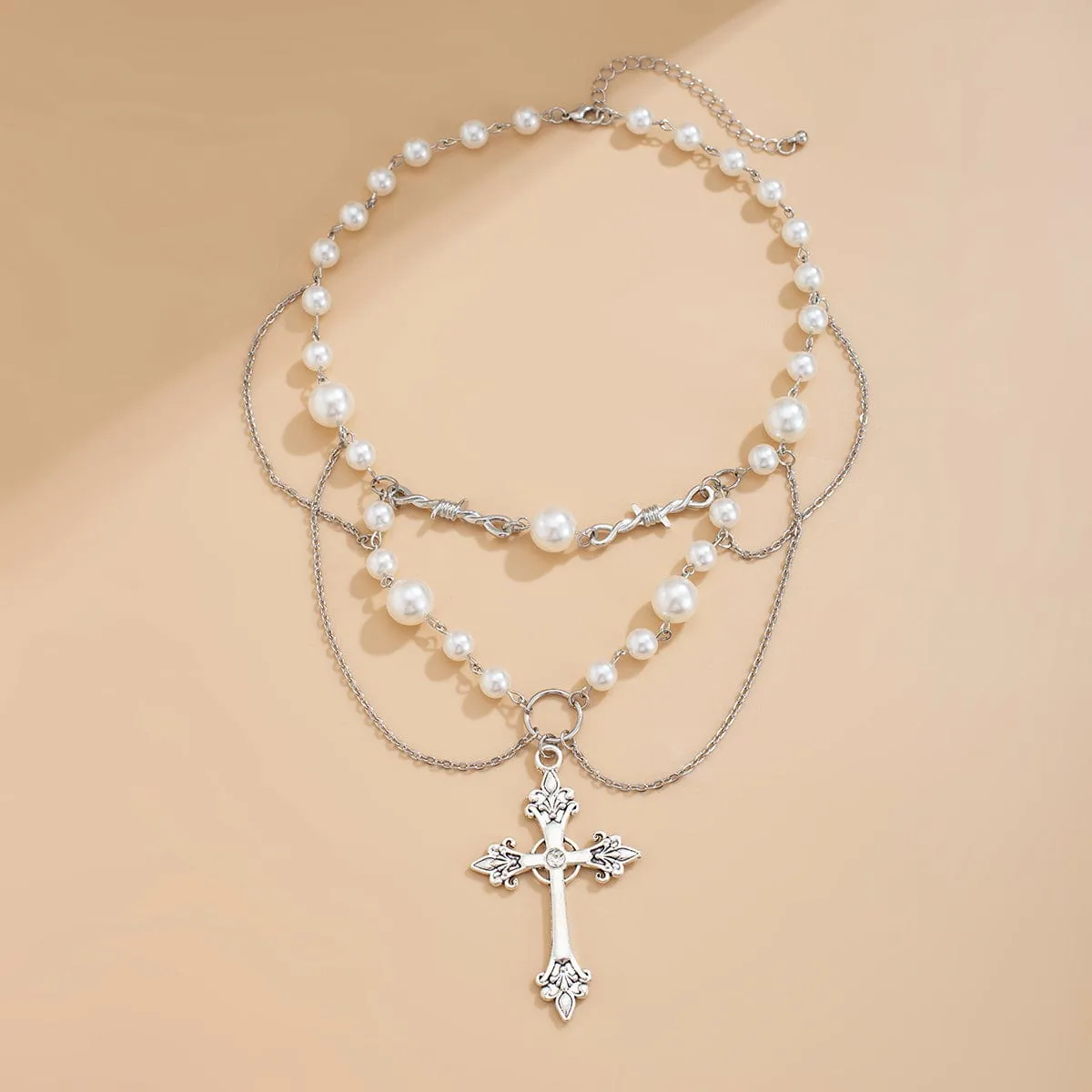 Baroque Layered Silver Plated Cross Pendant Pearl Chain Necklace