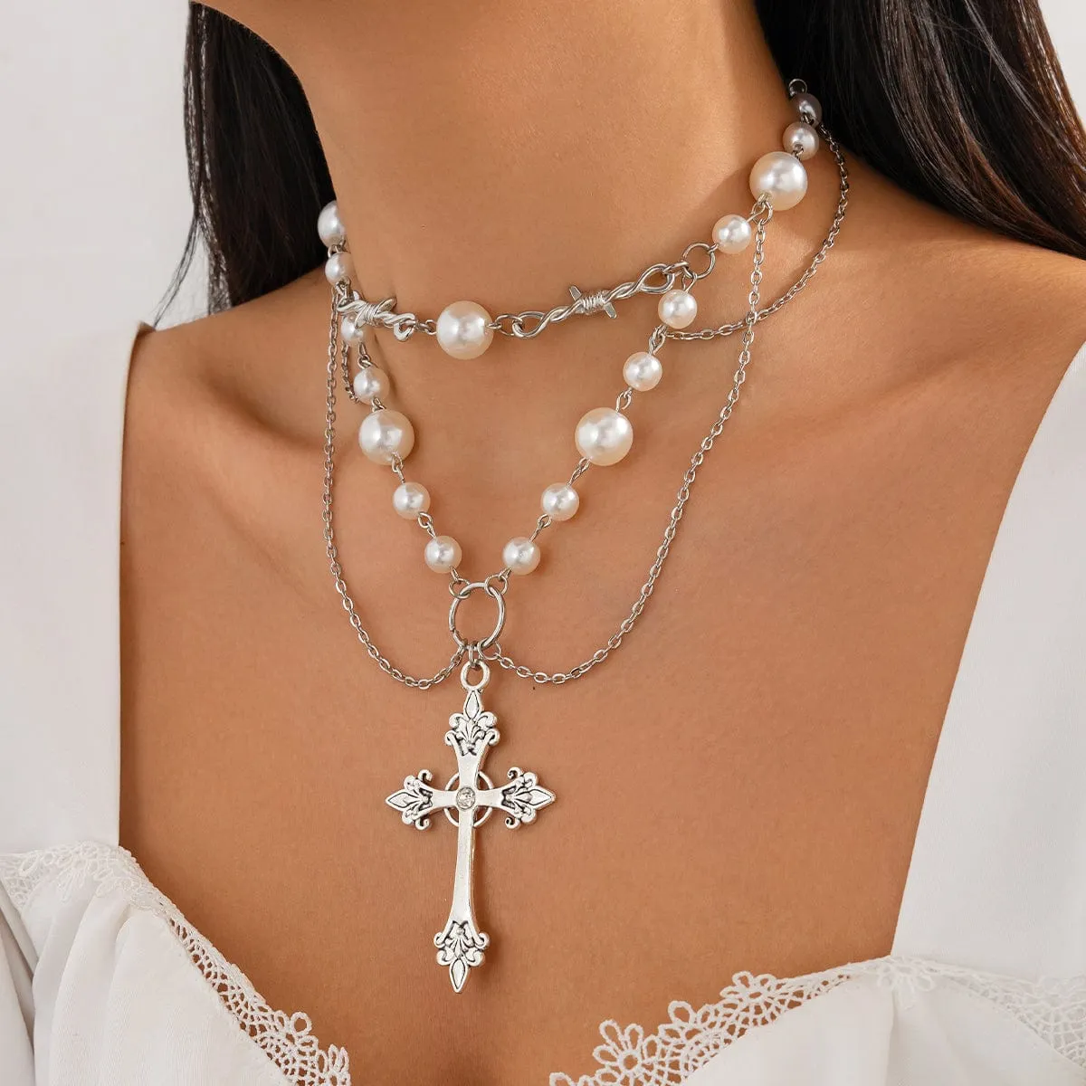 Baroque Layered Silver Plated Cross Pendant Pearl Chain Necklace