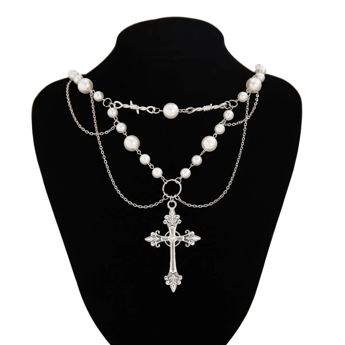 Baroque Layered Silver Plated Cross Pendant Pearl Chain Necklace