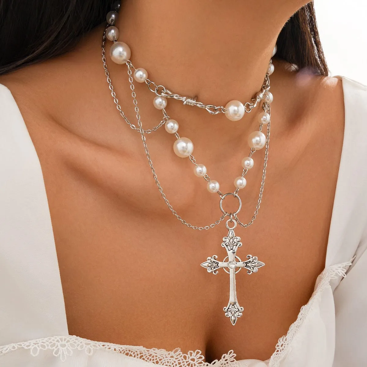 Baroque Layered Silver Plated Cross Pendant Pearl Chain Necklace