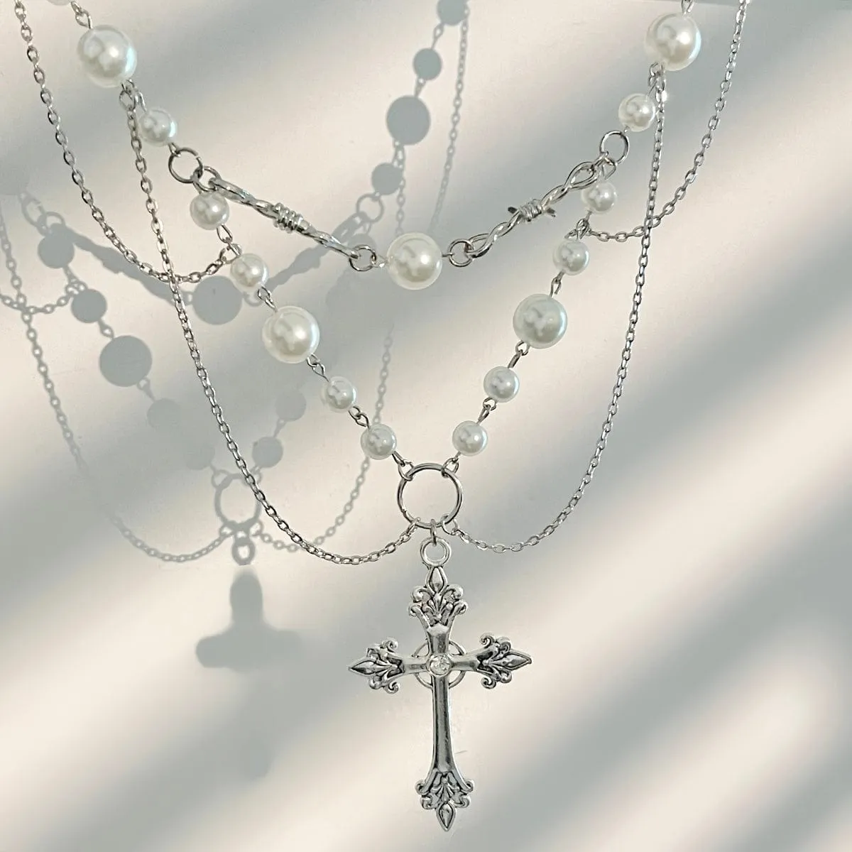 Baroque Layered Silver Plated Cross Pendant Pearl Chain Necklace