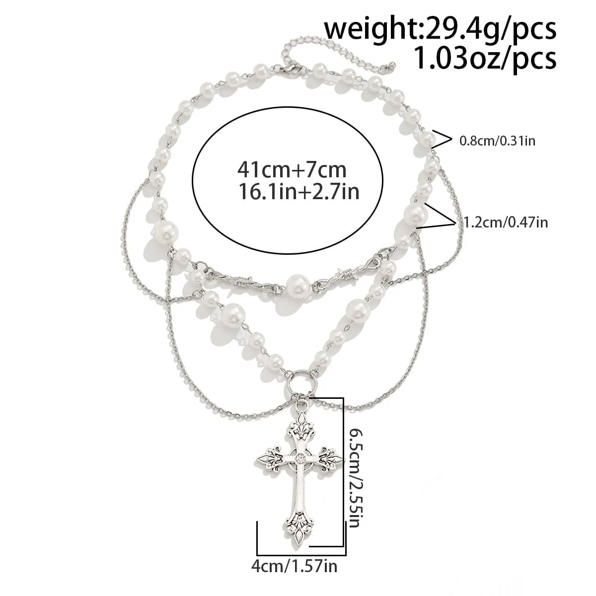 Baroque Layered Silver Plated Cross Pendant Pearl Chain Necklace