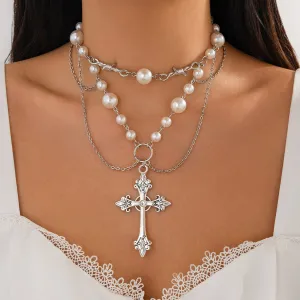 Baroque Layered Silver Plated Cross Pendant Pearl Chain Necklace