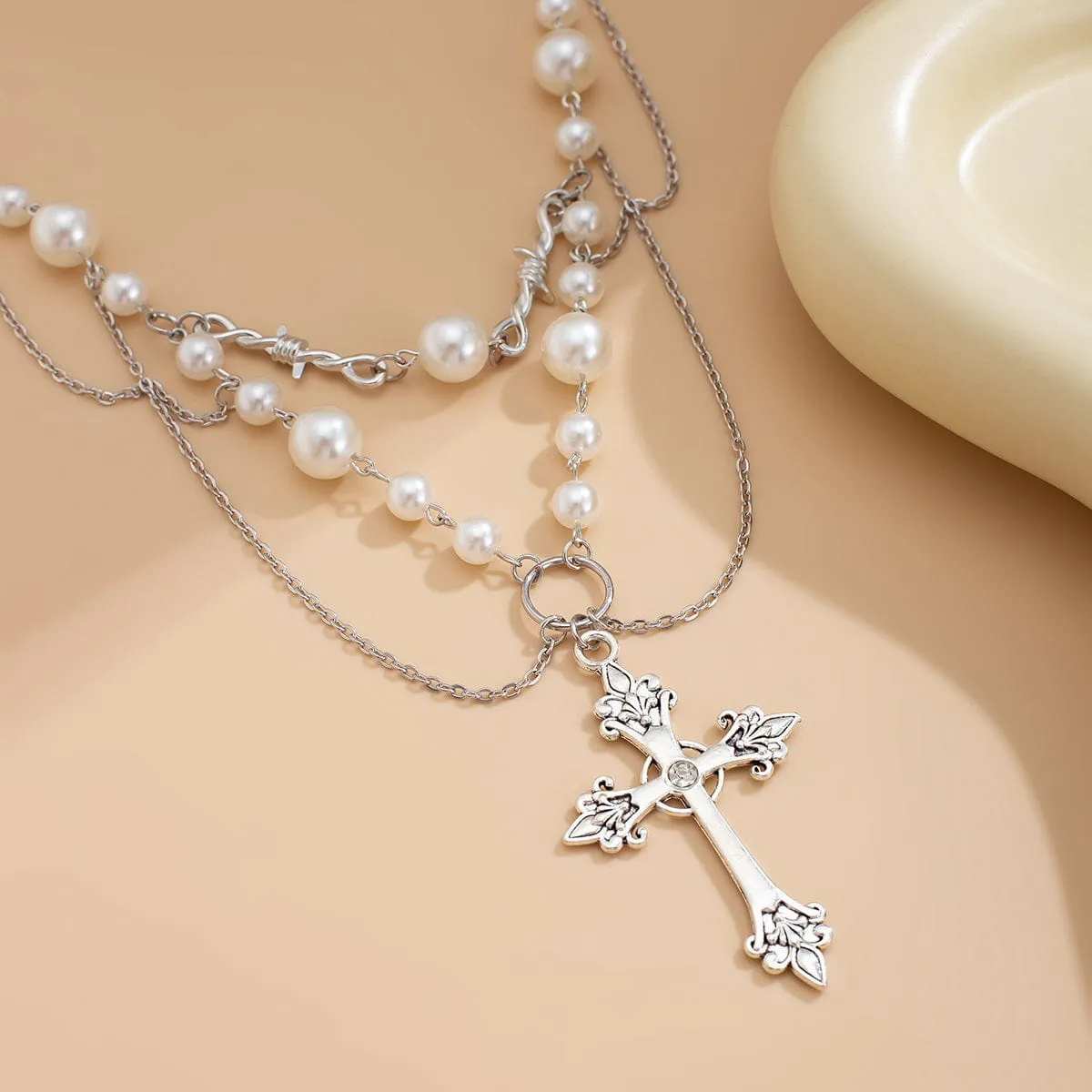 Baroque Layered Silver Plated Cross Pendant Pearl Chain Necklace
