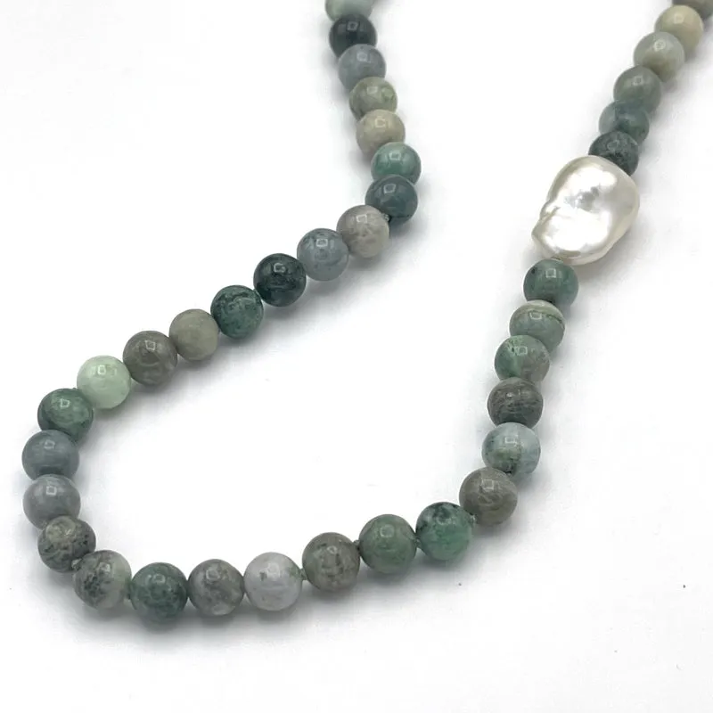 Baroque Pearl and Green Jade Gem Long Necklace