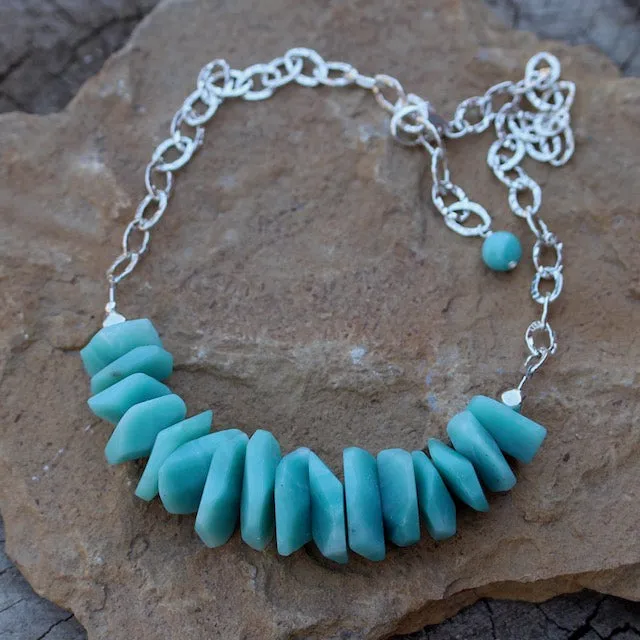 Bib-style statement necklace with amazonite tiles and sterling silver chain