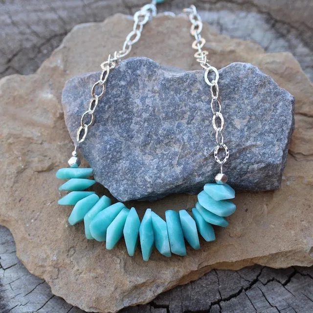 Bib-style statement necklace with amazonite tiles and sterling silver chain