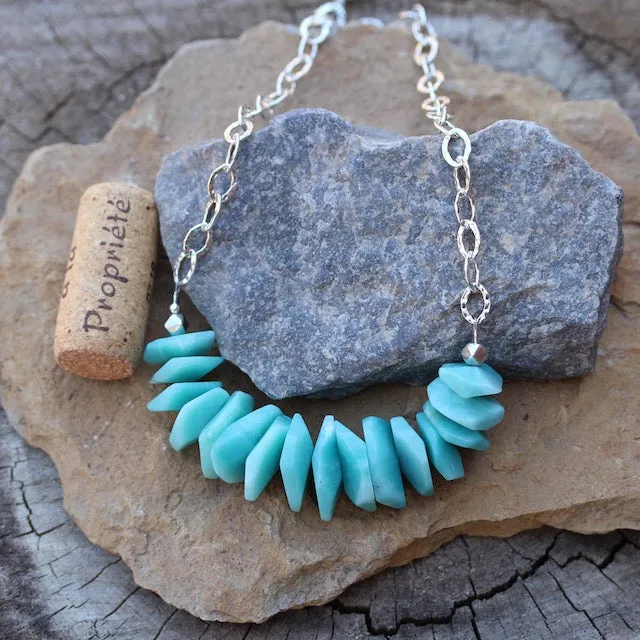 Bib-style statement necklace with amazonite tiles and sterling silver chain