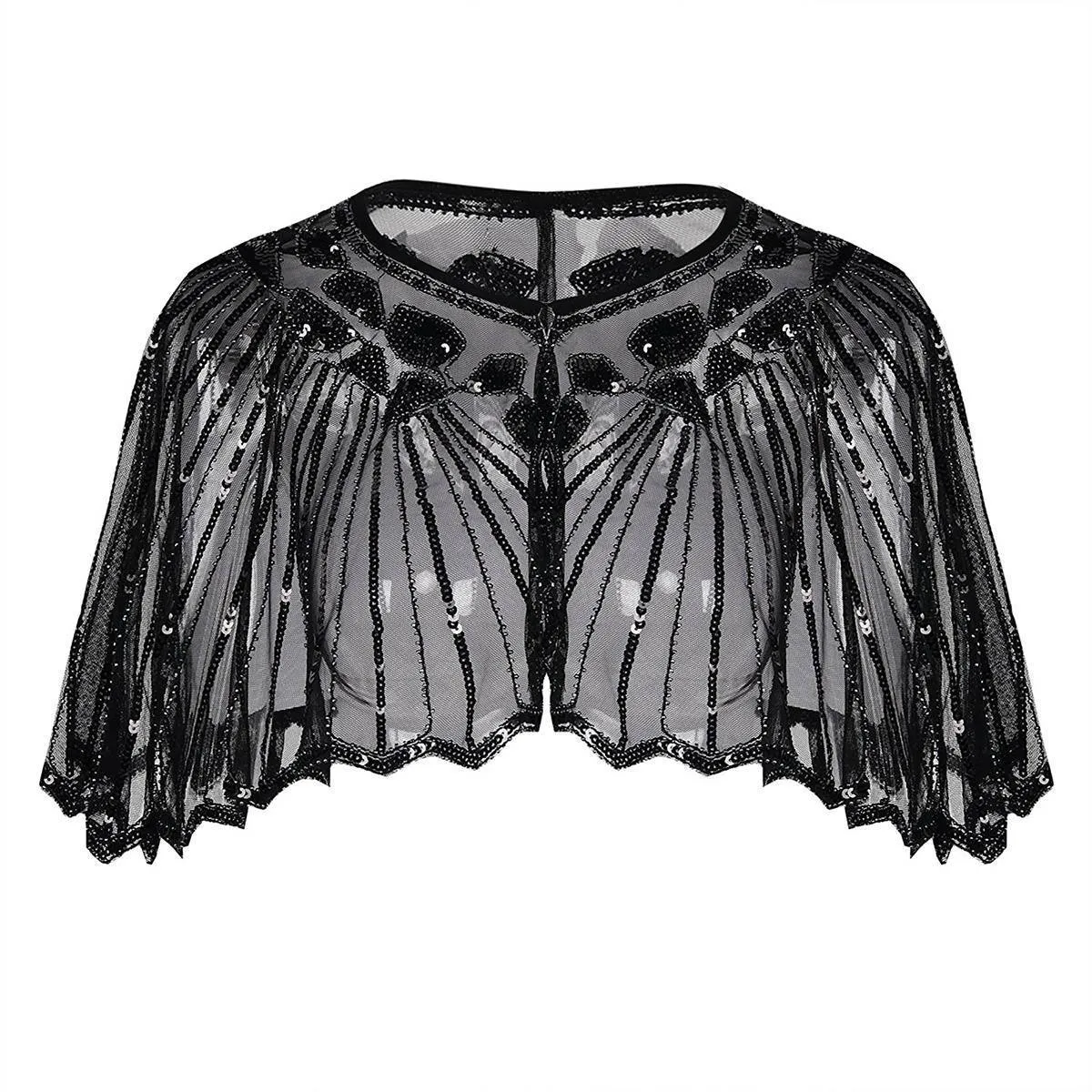 Black 1920s Shawl Wraps with Gatsby Accessories Set of 5