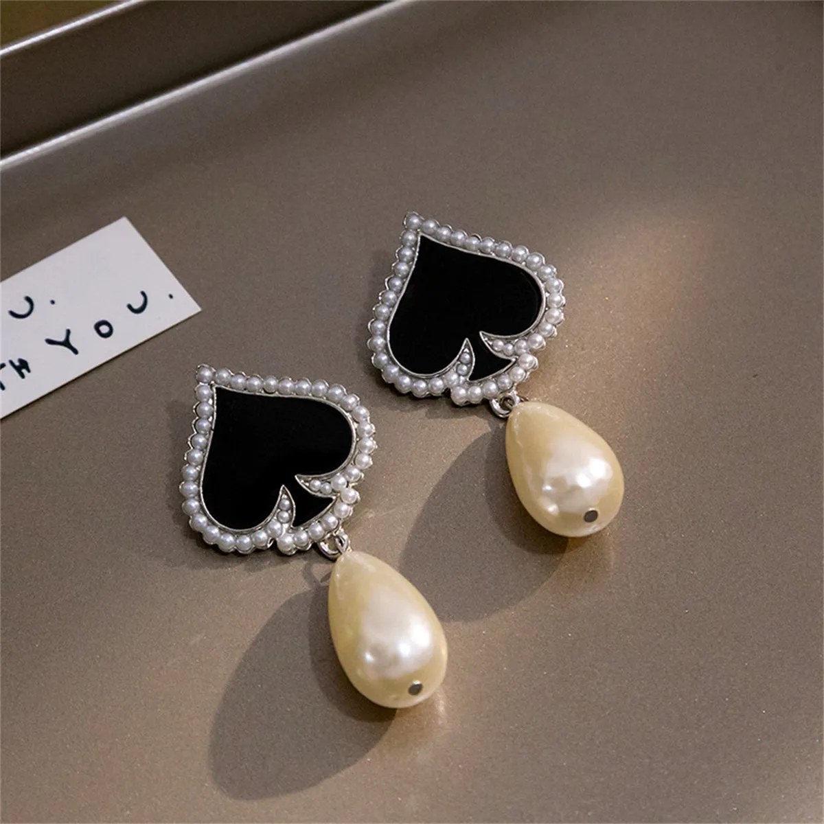 Black Enamel & Pearl Silver-Plated Spade Drop Earrings