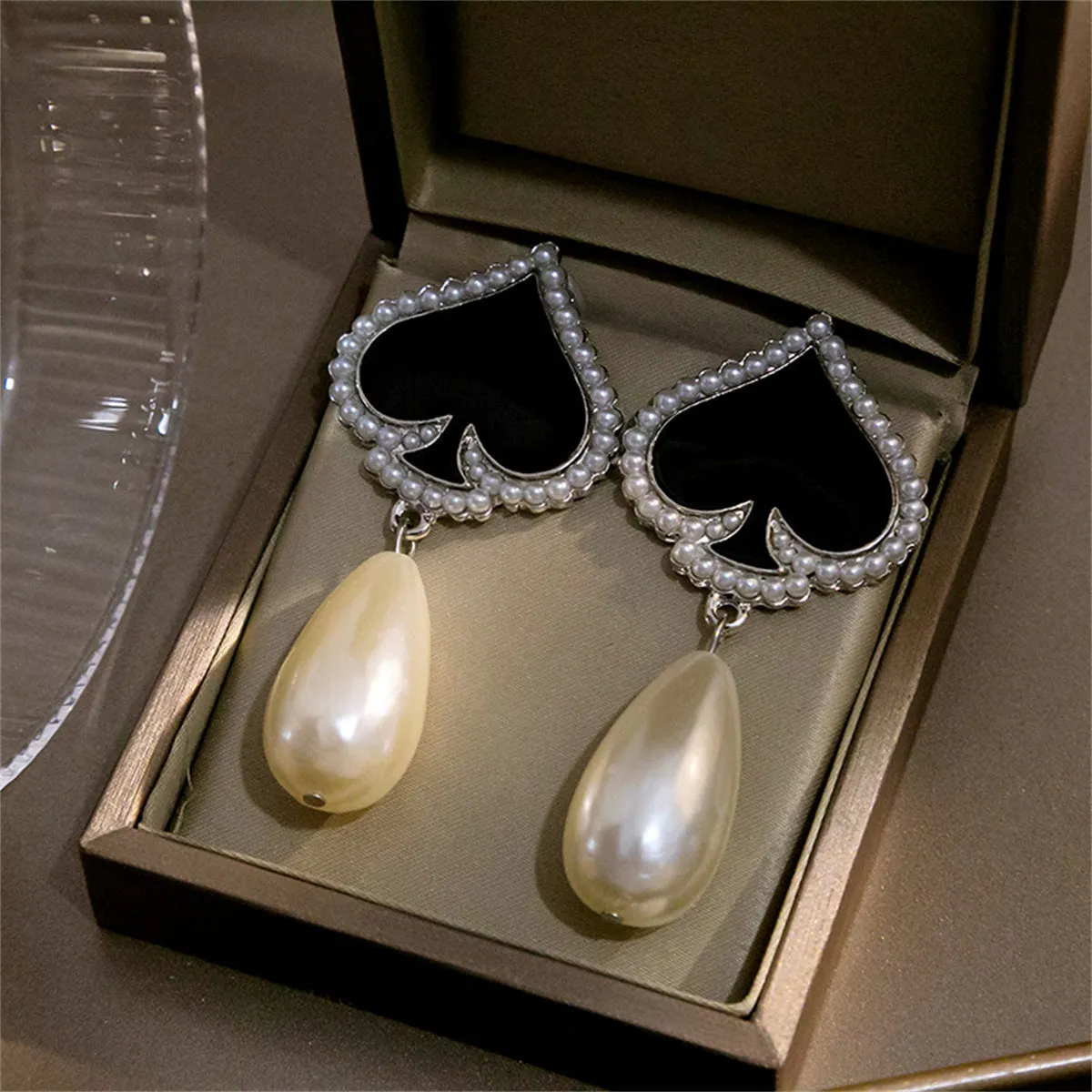 Black Enamel & Pearl Silver-Plated Spade Drop Earrings