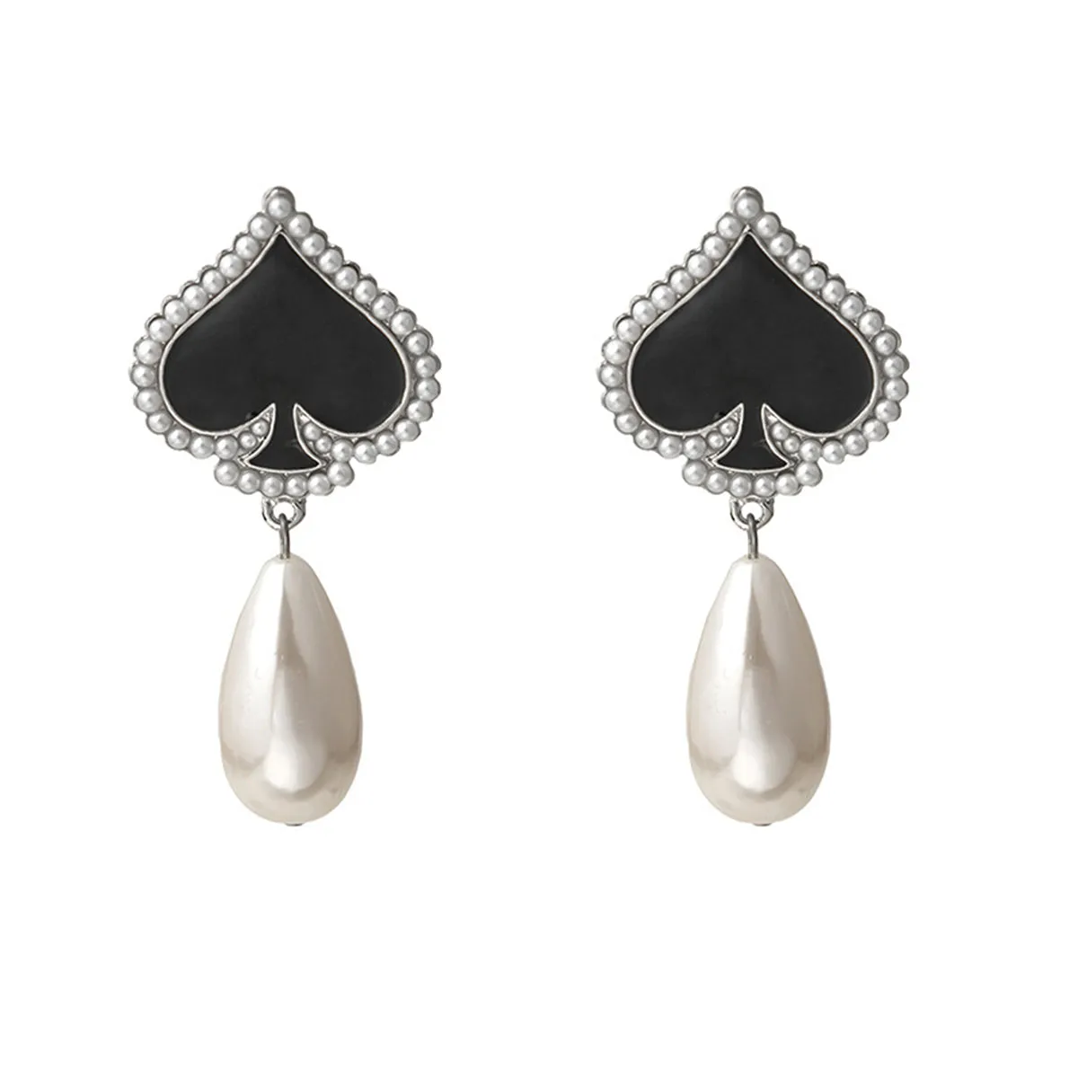 Black Enamel & Pearl Silver-Plated Spade Drop Earrings