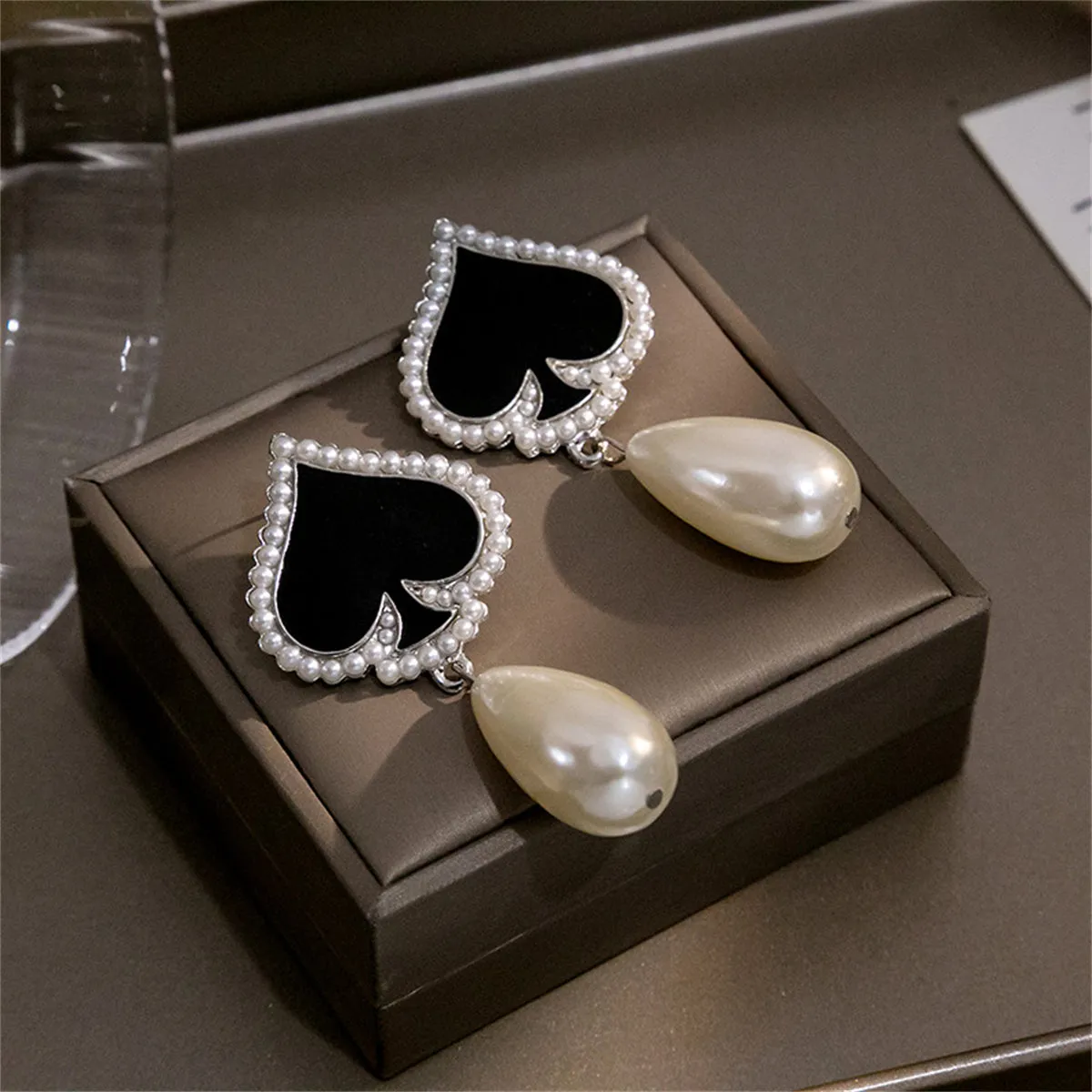 Black Enamel & Pearl Silver-Plated Spade Drop Earrings