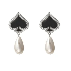 Black Enamel & Pearl Silver-Plated Spade Drop Earrings