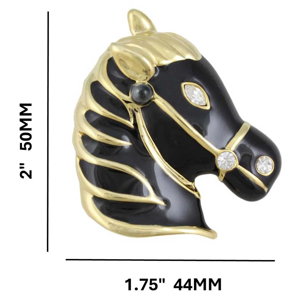 Black Enamel Horse Head Brooch Pin - PRA118C