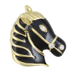 Black Enamel Horse Head Brooch Pin - PRA118C