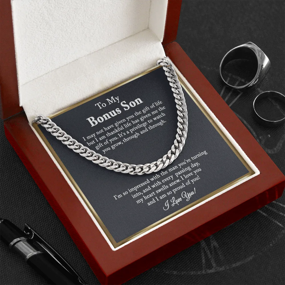 Bonus Son Gift, Step Son Gift, Stepson Birthday Gift, Adopted Son Gift, Step Son Graduation Gift, To My Bonus Son Cuban Chain Necklace