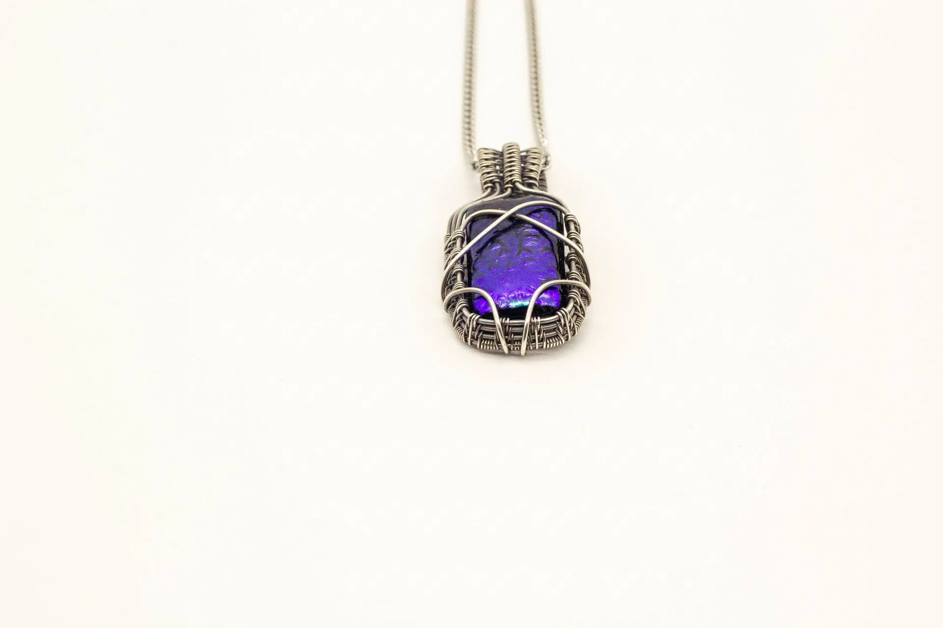 Bright Blue Dichroic Fused Glass Pendant with Sterling Silver Wire Wrapping