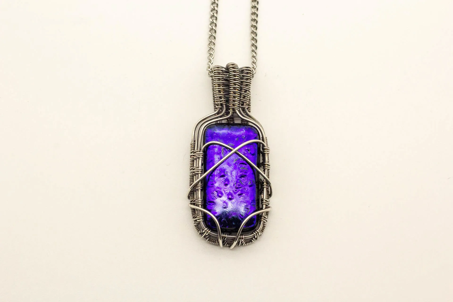 Bright Blue Dichroic Fused Glass Pendant with Sterling Silver Wire Wrapping