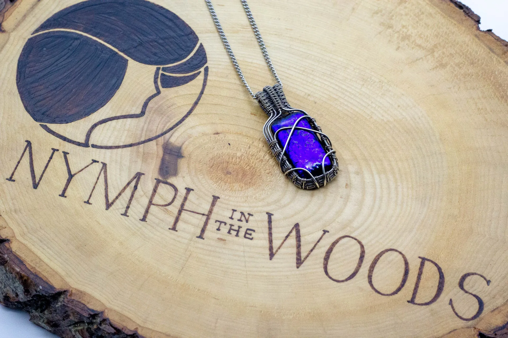 Bright Blue Dichroic Fused Glass Pendant with Sterling Silver Wire Wrapping