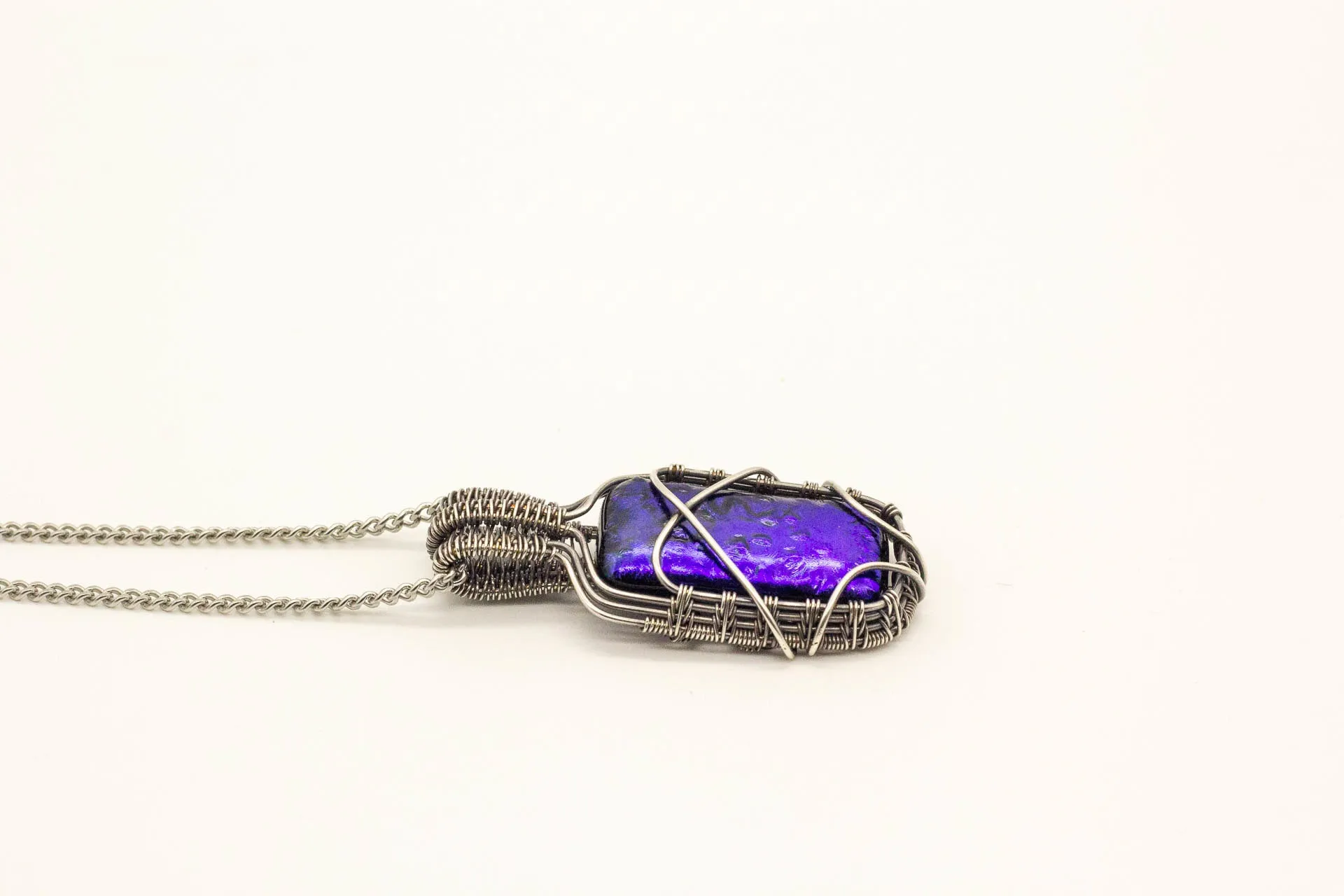 Bright Blue Dichroic Fused Glass Pendant with Sterling Silver Wire Wrapping