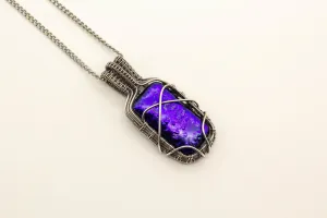 Bright Blue Dichroic Fused Glass Pendant with Sterling Silver Wire Wrapping
