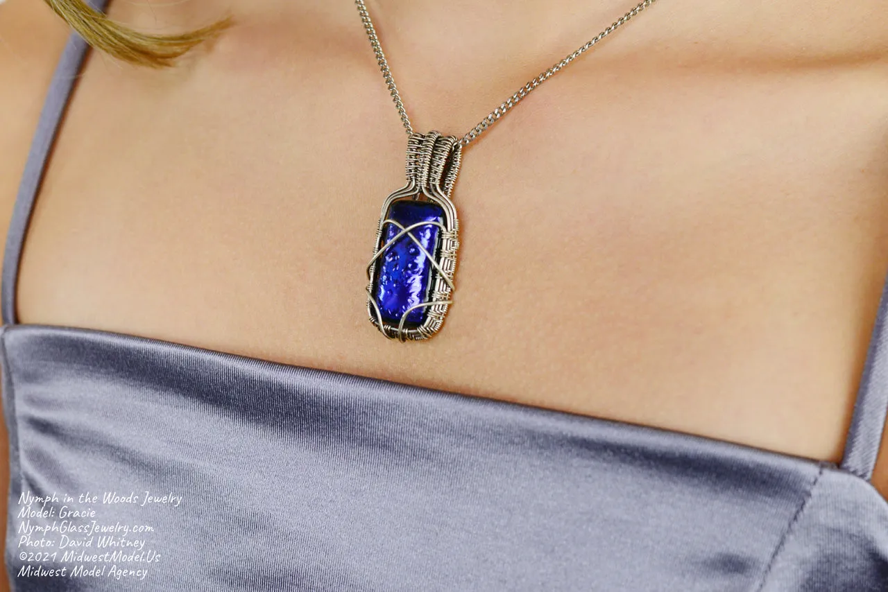 Bright Blue Dichroic Fused Glass Pendant with Sterling Silver Wire Wrapping